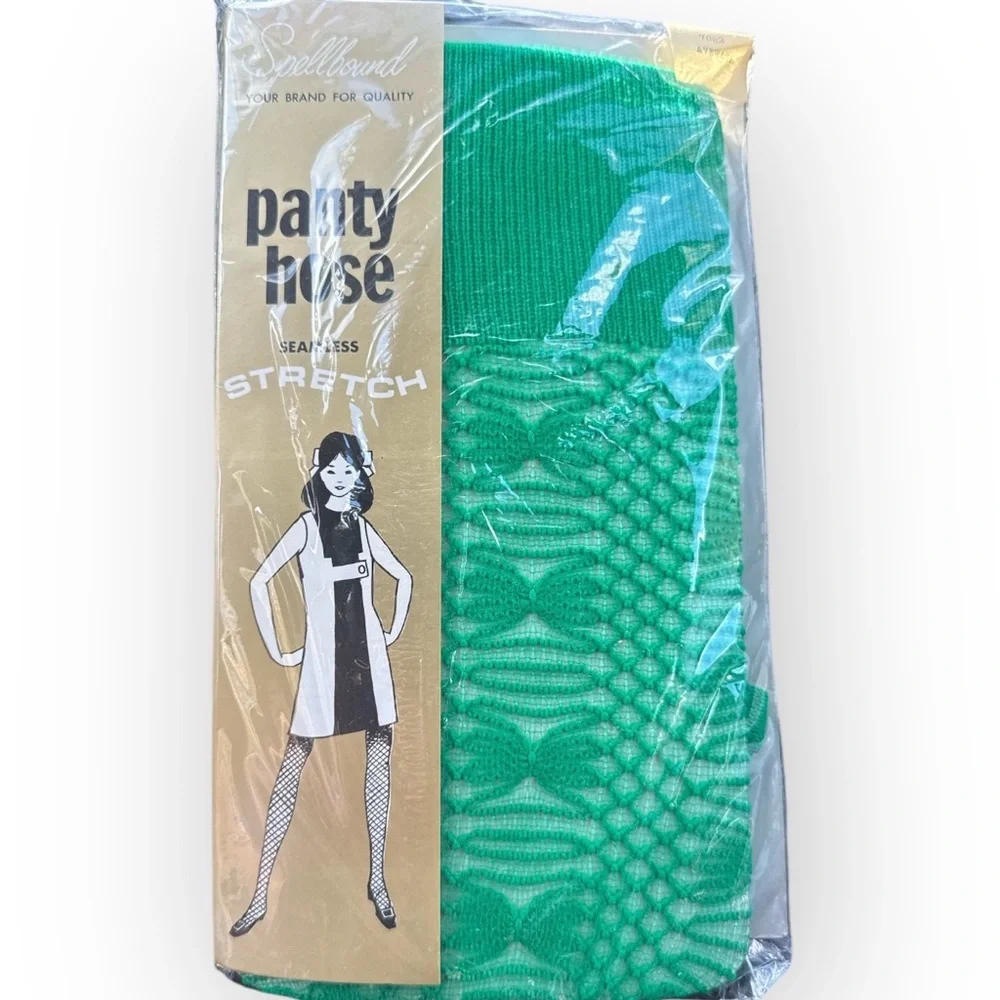 1960’s Mod Kelly‎ Green Fishnet Net Textured Pantyhose, Brand New, Unopened
